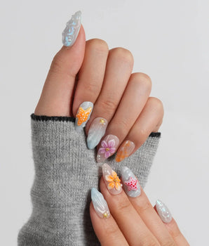 Tangerine Dream sunset ocean press-on nails with tangerine coral 3D accents