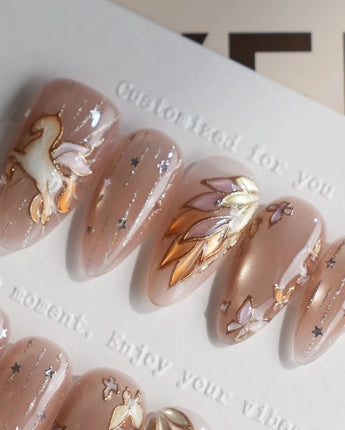 THE ASCENSION custom-size short almond nails with celestial aurora wing artwork
