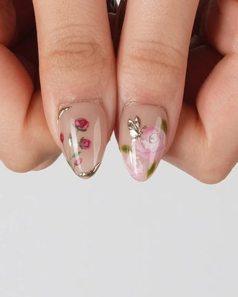 The Botanist nail art close-up showing Vibrant Secret Garden, Multi-colored Hand-painted Florals & Metallic Edging. details