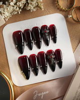 The Curse press-on nails — red to black gradient glossy chrome studs gothic cross charm handmade nail art by Joyee Nails