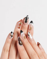 THE GAMBIT nails in short almond — Caramel Black & White,