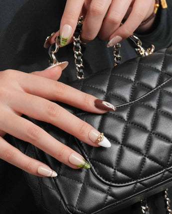THE HEIR medium almond press-on nails with horse silhouettes, plaid accents and glossy finish