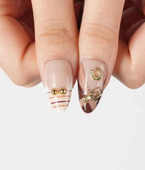 THE HEIR press-on nails with burgundy plaid and equestrian horsebit accents