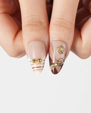 THE HEIR press-on nails with burgundy plaid and equestrian horsebit accents