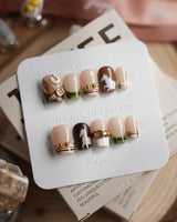 THE HEIR extra short coffin press-on nails with equestrian plaid and metallic horsebit accents