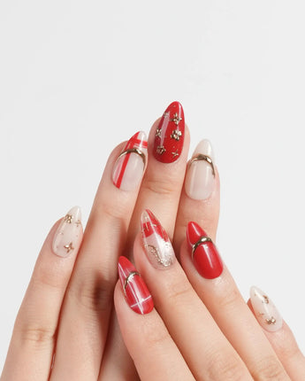 THE LEGEND nails in short almond — Vibrant Red & Creamy