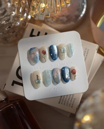 The Little Prince nails in extra short almond — Starry Blue & Milky