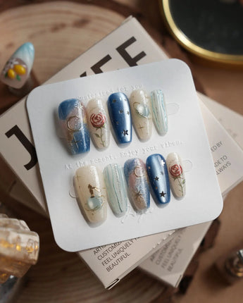 The Little Prince nails in medium coffin — Starry Blue & Milky