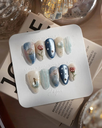 The Little Prince nails in short almond — Starry Blue & Milky