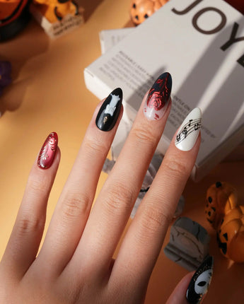 The Phantom press on nails with a white mask, red rose, sheet music, chandelier and gold baroque scrollwork on black and red - image 5