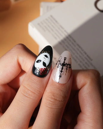 The Phantom press on nails with a white mask, red rose, sheet music, chandelier and gold baroque scrollwork on black and red - image 4