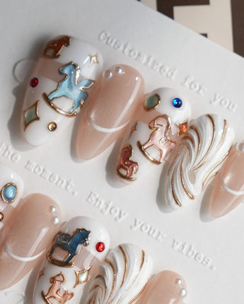 THE REVERIE short almond nails with 3D cream swirls and vintage countryside charm