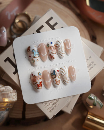 THE REVERIE short almond nails with creamy pearl white, rocking horses, and 3D cream swirls