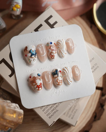 THE REVERIE extra short almond nails with creamy swirls and colorful rocking horse art