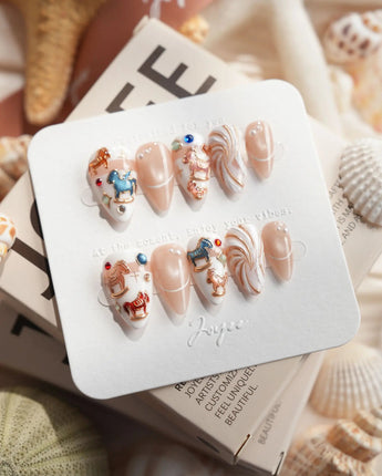 THE REVERIE short stiletto nails with pearl white swirls and nostalgic horse accents