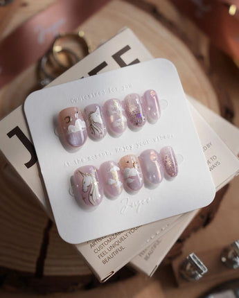 THE UTOPIA nails in short oval — Dreamy Aurora Purple, Hand-painted