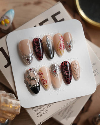 THE VALKYRIE nails in medium almond — Dark Medieval Style, Metallic