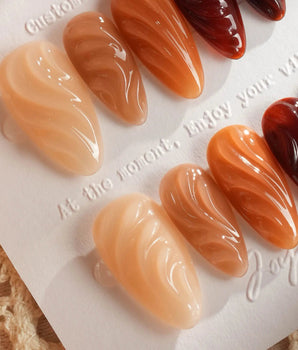 The whole fall handmade press-on nails featuring Amber & Caramel Gradient, 3D Water Ripple Syrup Style.