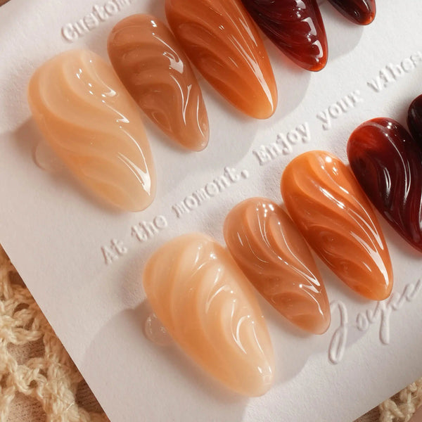 Brown gradient medium almond press on nails with 3D gel carved lines