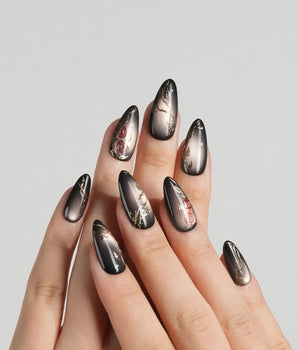 Thorned Spell press-on nail set — black cat eye gold outline rose thorn design design, hand-painted with real gel polish