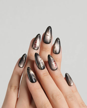 Thorned Spell press-on nail set — black cat eye gold outline rose thorn design design, hand-painted with real gel polish