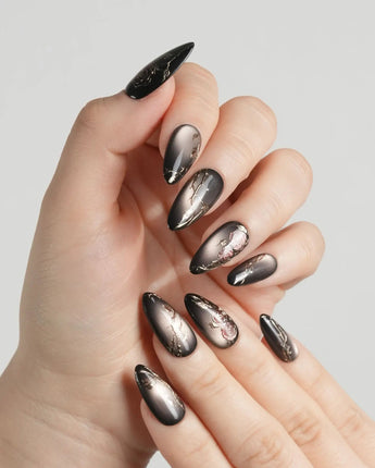 Thorned Spell press-on nails — black cat eye gold outline rose thorn design handmade nail art by Joyee Nails