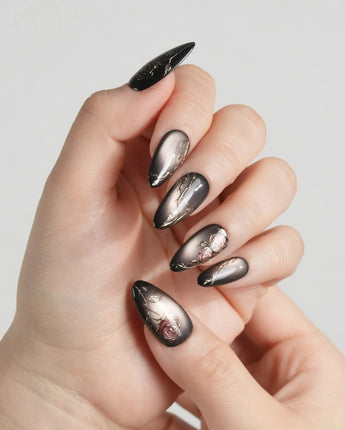 Thorned Spell press-on nails — black cat eye gold outline rose thorn design handmade nail art by Joyee Nails