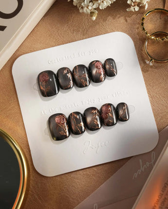 Thorned Spell press-on nails — black cat eye gold outline rose thorn design handmade nail art by Joyee Nails