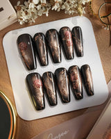 Thorned Spell press-on nails — black cat eye gold outline rose thorn design handmade nail art by Joyee Nails