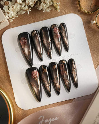 Thorned Spell press-on nails — black cat eye gold outline rose thorn design handmade nail art by Joyee Nails