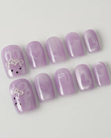 Thump Bunny_Taro press-on nails in short square shape — Lavender Purple, Heart Magnet Cat Eye.