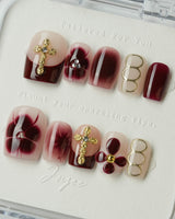 Tip Burgundy Nails in extra short square shape with burgundy tips and milky white base