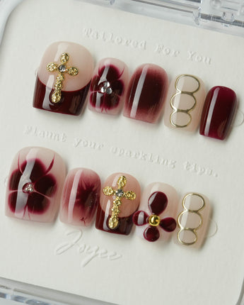 Tip Burgundy Nails in extra short square shape with burgundy tips and milky white base
