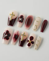 Tip Burgundy Nails in medium coffin shape with glossy burgundy tips and white base