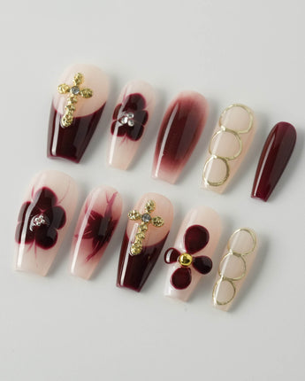 Tip Burgundy Nails in medium coffin shape with glossy burgundy tips and white base