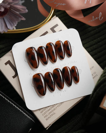 Tortoise Medium Almond with brown non-3d Tortoiseshell Nails handmade press-on nails - image 2