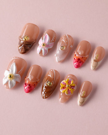 Tropical Nails Vibes acrylic-style tropical press-on nails with bold floral design