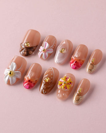 Tropical Nails Vibes tropical holiday press-on nails with colorful floral artwork