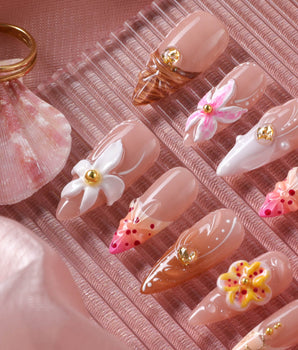 Tropical Nails Vibes handmade press-on nails featuring 3D Sculpted Florals Tropical Nails