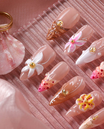 Tropical Nails Vibes handmade press-on nails featuring 3D Sculpted Florals Tropical Nails