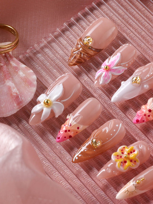 Tropical Nails Vibes medium stiletto press-on nails with lush 3D tropical florals