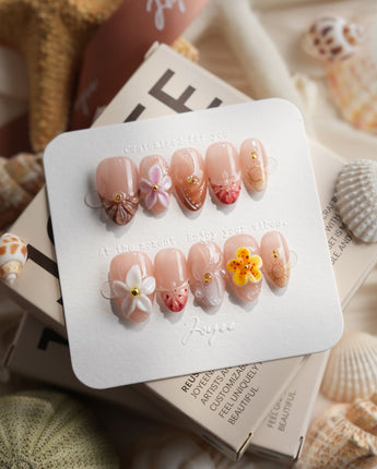 Tropical Nails Vibes extra short almond press-on nails with tropical floral gel art