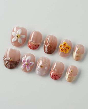 Tropical Nails Vibes extra short oval press-on nails with 3D tropical florals