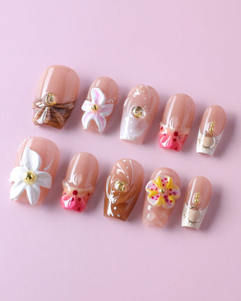 Tropical Nails Vibes handmade tropical nails with sculpted flowers and glossy finish