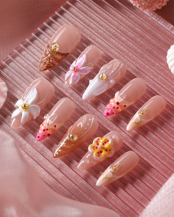 Tropical Nails Vibes press-on nails shown as an easy tropical vacation manicure