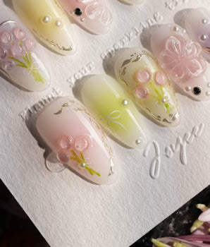 Tulip Field handmade press-on nails featuring Fresh Pink & Green, 3D Tulips & Bows.