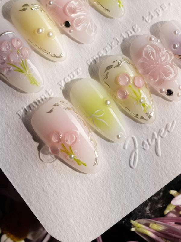 Tulip Field handmade press-on nails featuring Fresh Pink & Green, 3D Tulips & Bows.