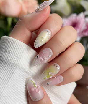 Tulip Field press-on nail set — Fresh Pink & Green, 3D Tulips & Bows. design, hand-painted with real gel polish