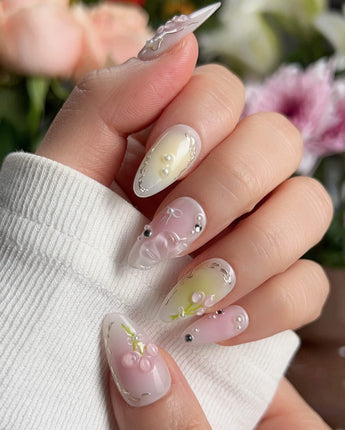 Tulip Field press-on nail set — Fresh Pink & Green, 3D Tulips & Bows. design, hand-painted with real gel polish