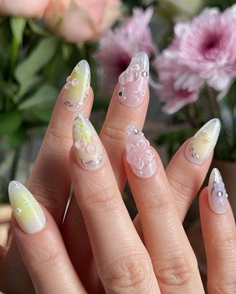 Tulip Field nail art close-up showing Fresh Pink & Green, 3D Tulips & Bows. details